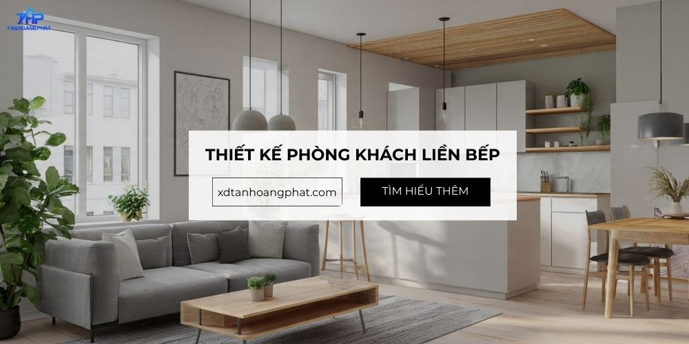 thiết kế phòng khách liền bếp để tạo không gian mở ấn tượng