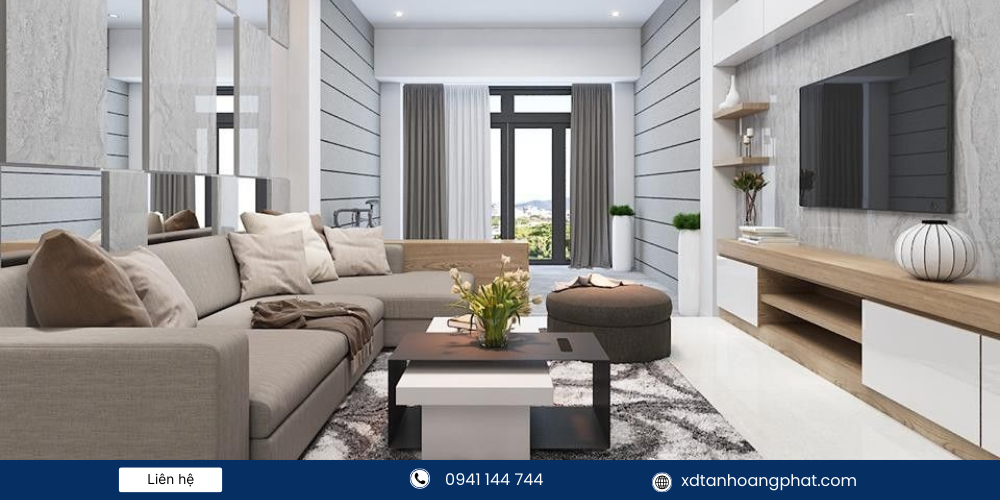 Phòng khách cửa chính đối diện cửa sau